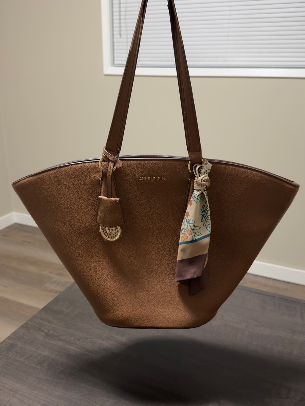 Anne Klein Brown Leather Tote with Scarf Accent